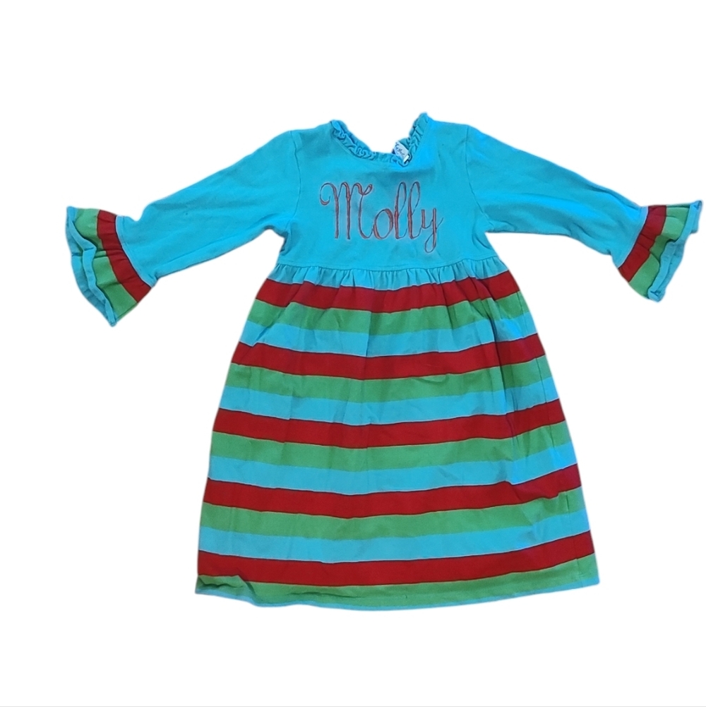 Personalized Vintage Striped Blue and Red Little Girls Dress Size 6